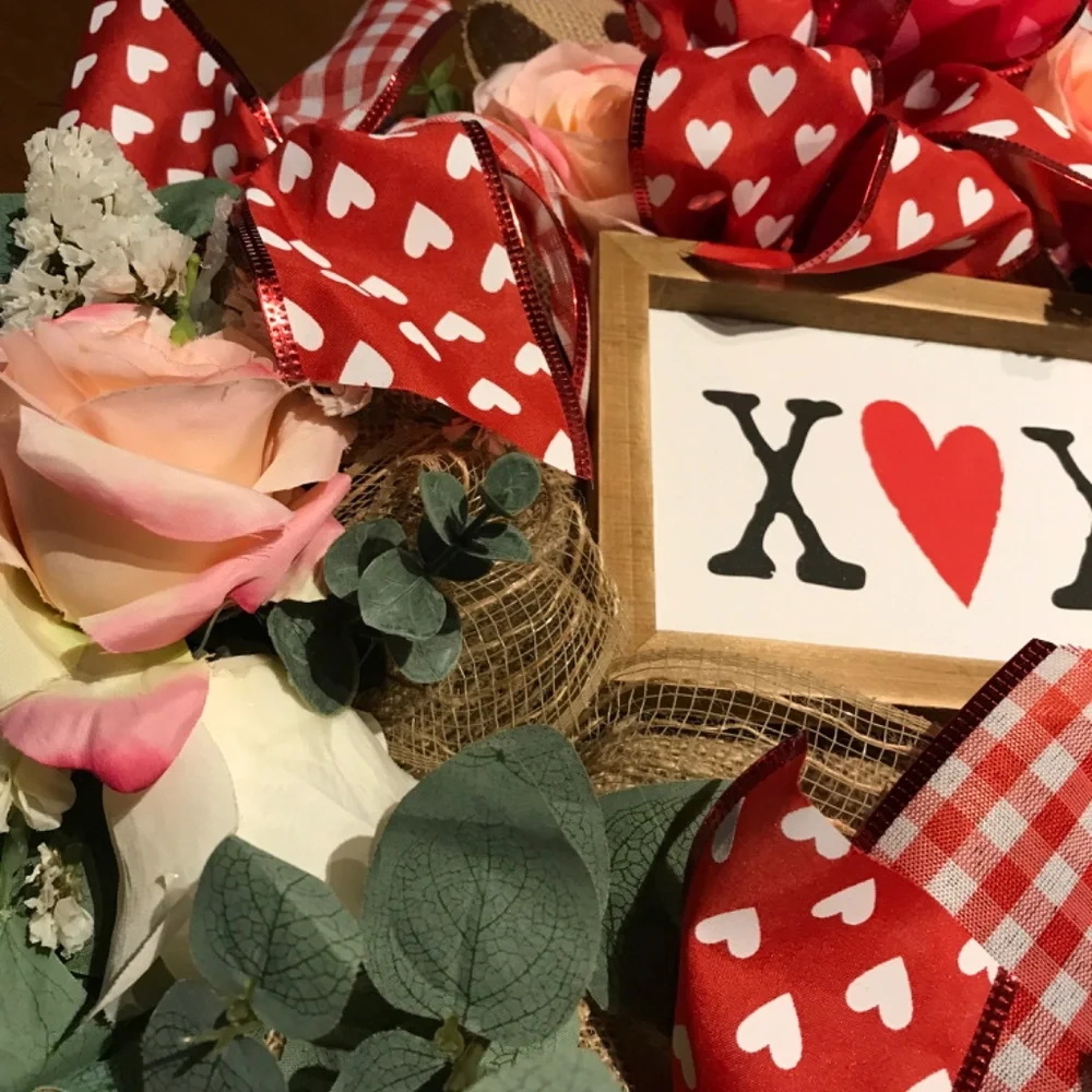 Valentines Wreath Hand Crafted LOVE Burlap Kisses Hugs FINAL SALE